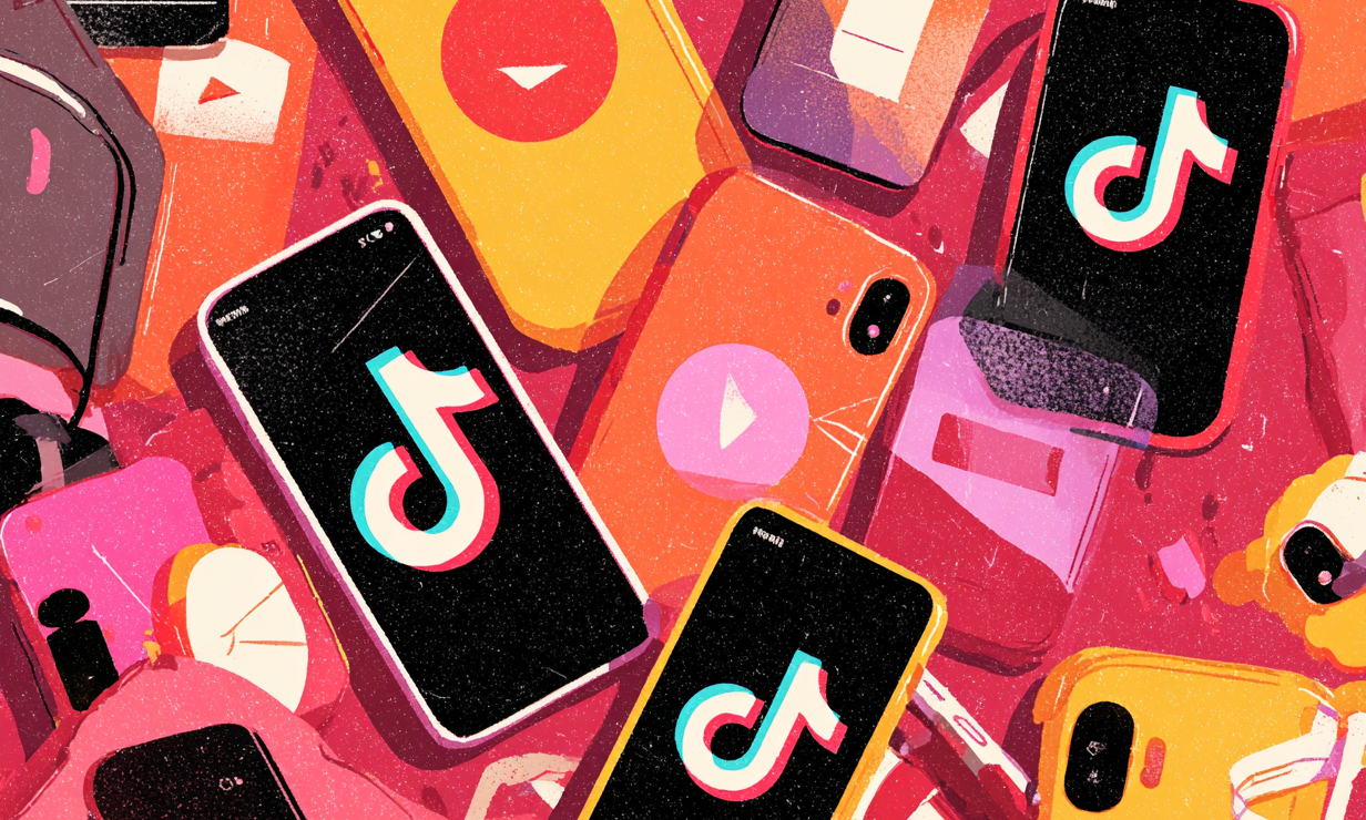 Illustration mehrerer Smartphones, auf denen das TikTok-Logo zu sehen ist. / KI-generiertes Bild mit Midjourney