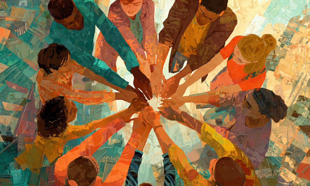 Illustration von Menschen in einem urbanen Umfeld, die im Kreis stehen / KI-generiertes Bild mit Midjourney Illustration von Menschen in einem urbanen Umfeld, die im Kreis stehen / KI-generiertes Bild mit Midjourney