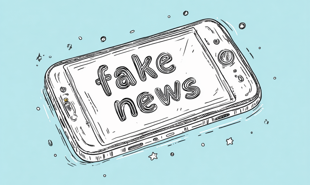 Illustration eines Smartphones mit der Schrift "Fake News" / KI-generiertes Bild mit Midjourney