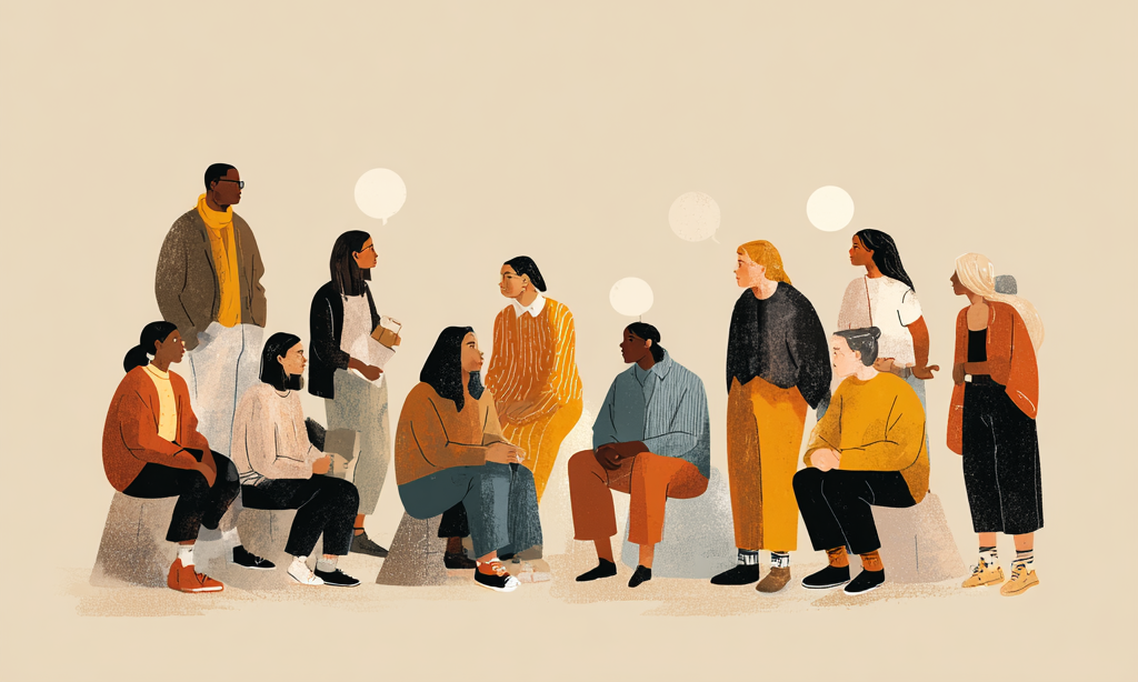 Abstrakte Illustration von Schüler*innen im Gespräch / KI-generiertes Bild mit Midjourney Abstrakte Illustration von Schüler*innen im Gespräch / KI-generiertes Bild mit Midjourney