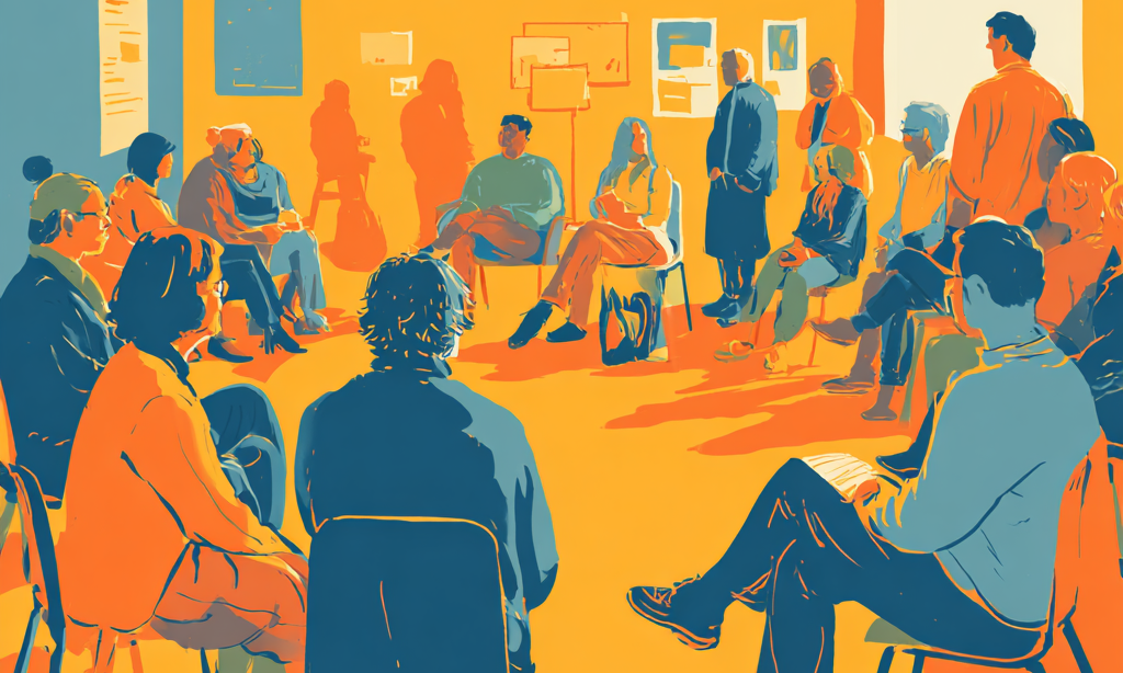 Abstrakte Illustration von Menschen, die im Kreis sitzend und stehend miteinander diskutieren / KI-generiertes Bild mit Midjourney