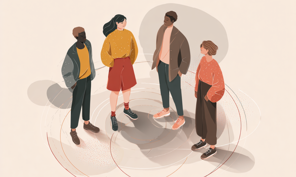 Illustration von vier Menschen, die nebeneinander stehen und im Gespräch sind/ KI-generiertes Bild mit Midjourney