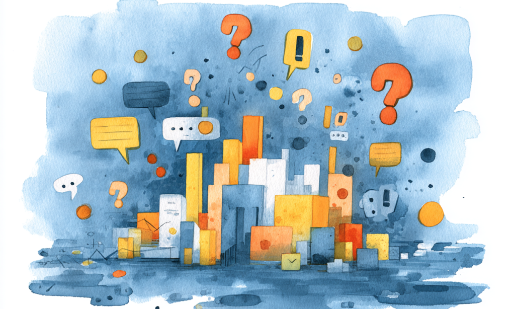 Bunte Balken mit schwebenden Sprechblasen, Frage- und Ausrufezeichen darüber; KI-generiertes Beitragsbild