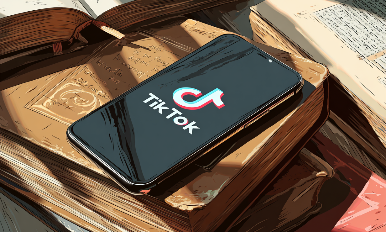 Smartphone auf einem Stapel alter Bücher; mit Midjourney generiertes Bild