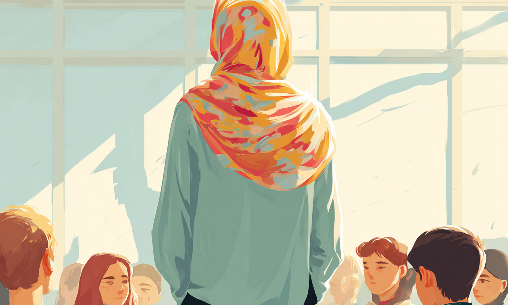 Abstrakte Illustration einer Lehrerin mit Hijab, die vor einer Klasse steht / KI-generiertes Bild mit Midjourney