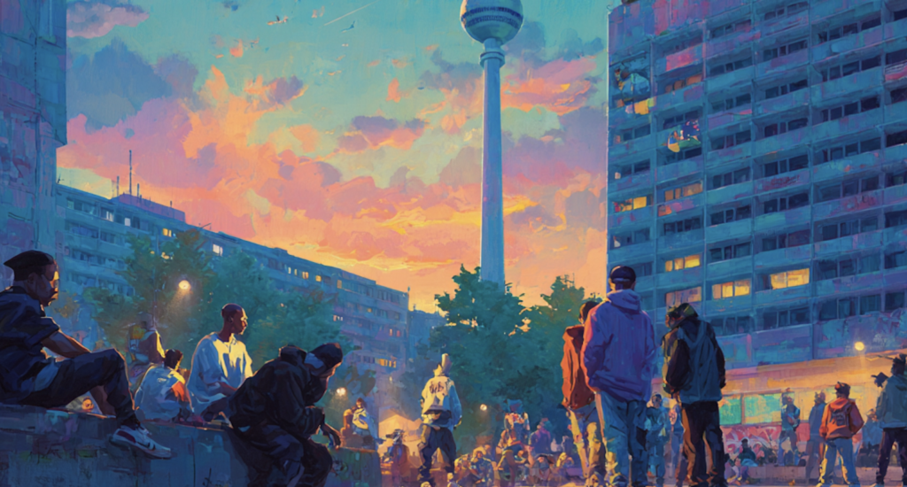 Abstrakte Illustration vom Alexanderplatz in Berlin, im Hintergrund der Fernsehturm, Abendstimmung; KI-generiertes Bild